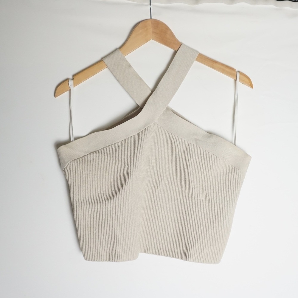 Babaton Aritzia Beige Contour Ribbed Crossover Halter Crop Top 2XL